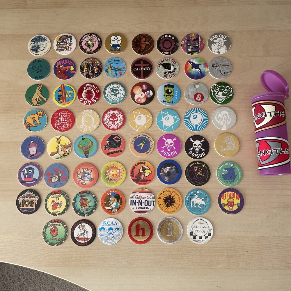 Random Mixed LOT Of 62 POGS MILK CAPS +‎ tube 90s Skull 8 Ball REN & Stimpy Art